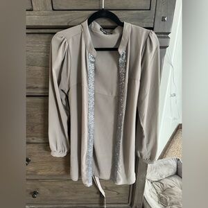 Double Zero Taupe Blouse with Silver Trim